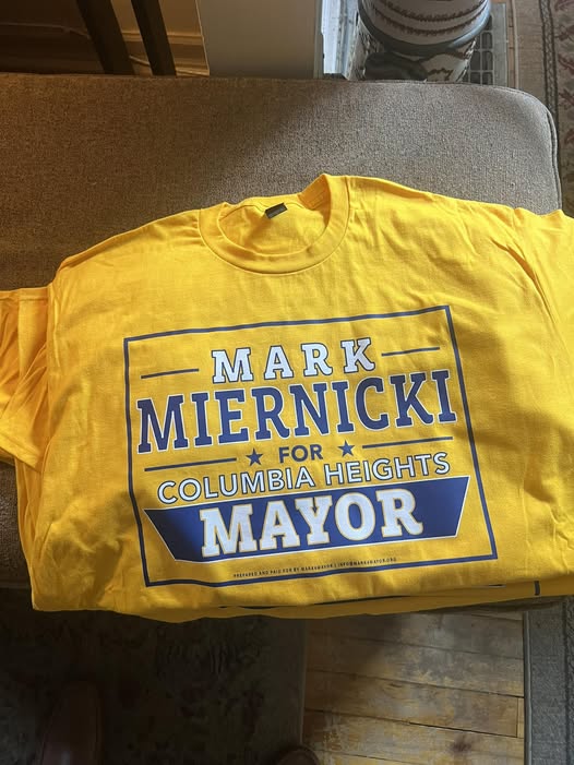 Yellow campaign shirt with Mark Miernicki for Columbia Heights Mayor design